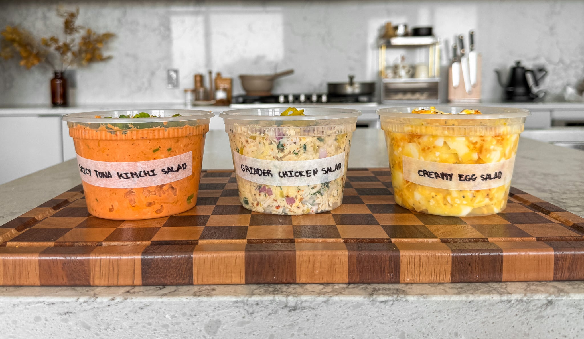 salads 3 different ways - egg salad, tuna salad, chicken salad