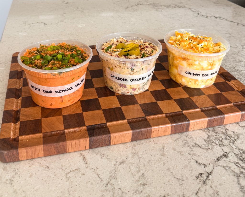 salads 3 different ways - egg salad, tuna salad, chicken salad